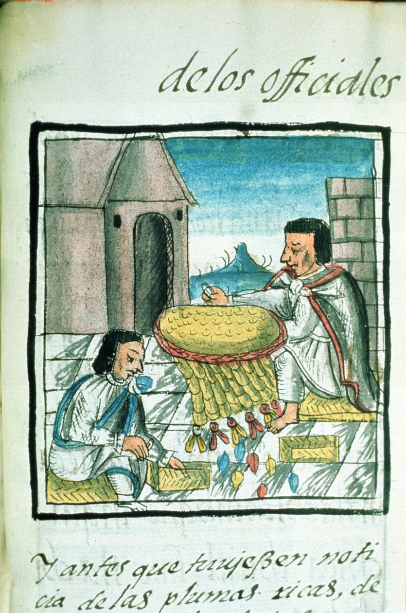 Ms Palat. 218-220 Boek IX Azteekse veerkunstenaars aan het werk, uit de 