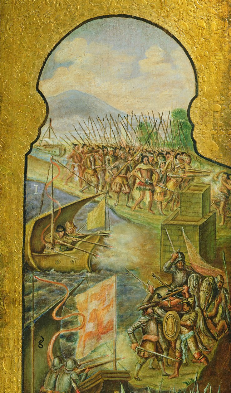 De Spanjaarden betreden Mexico-Stad vanuit het moeras door Spanish School