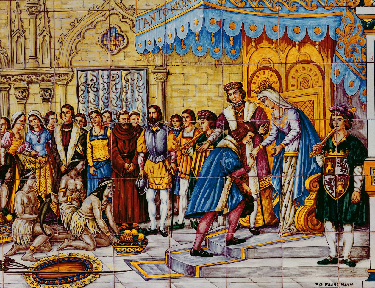 Tegels die de ontvangst van Christoffel Columbus door de katholieke koningen, Ferdinand van Aragon en Isabella van Castilië in Barcelona bij zijn terugkeer uit Amerika in 1492, uitbeelden door Spanish School