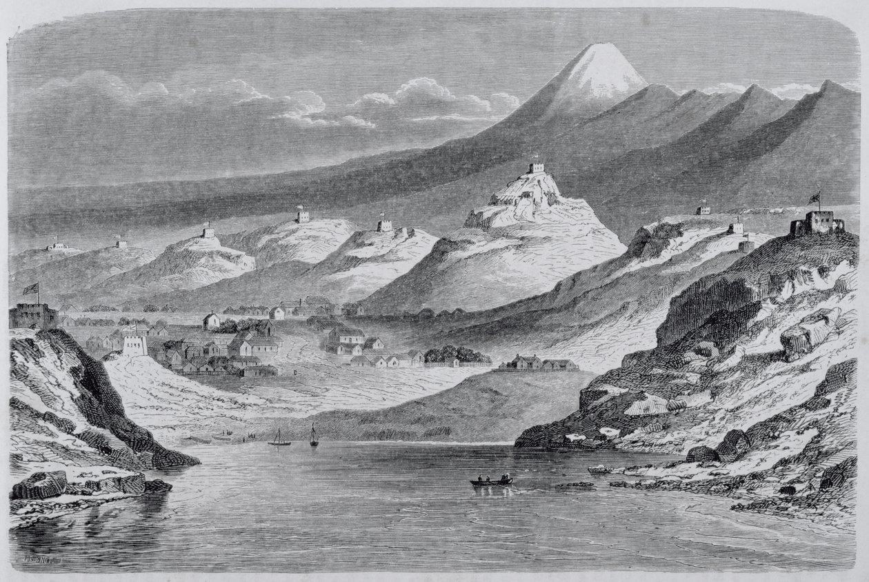 Uitzicht op New Plymouth en Mount Egmont, illustratie uit The Return to the World, 1865 door Spanish School