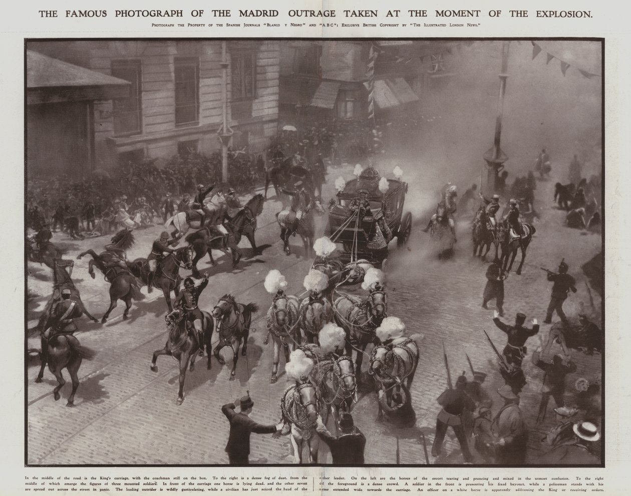 Moordaanslag op koning Alfonso XIII en koningin Victoria Eugenie van Spanje op hun trouwdag, Madrid, 31 mei 1906 (z/w foto) door Spanish Photographer