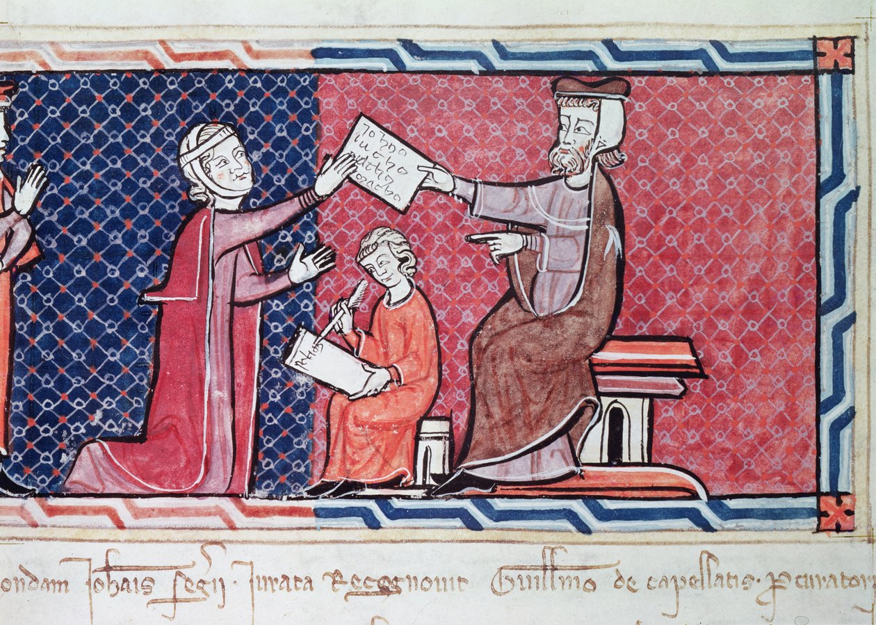Een Vrouw die een Eed aflegt voor Koning Jacobus I (1207-76) van Majorca, detail van de magistraat, de vrouw en de schrijver, uit de Capbreu de Clayra et de Millas, 1292 (detail) door Spanish School