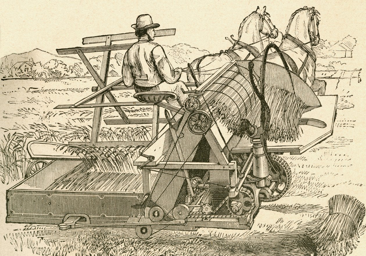Een oogstmachine, getrokken door paarden, die de schoven mechanisch bond, gebruikt in de late 19e eeuw. Uit El Museo Popular gepubliceerd in Madrid door Spanish School