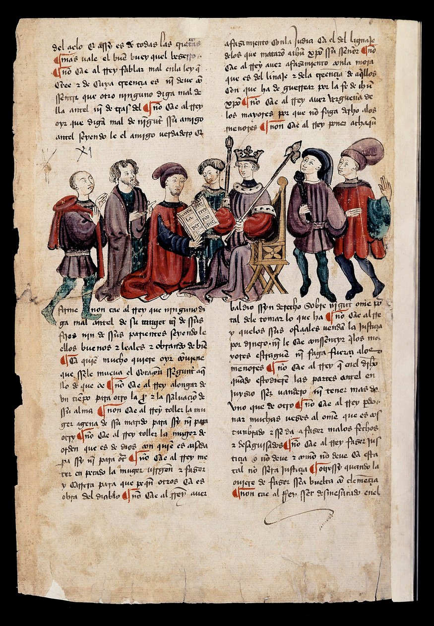 Een man presenteert een boek aan de koning, miniatuur in "Libro de los Castigos o Documentos para Bien Vivir" door Spanish School
