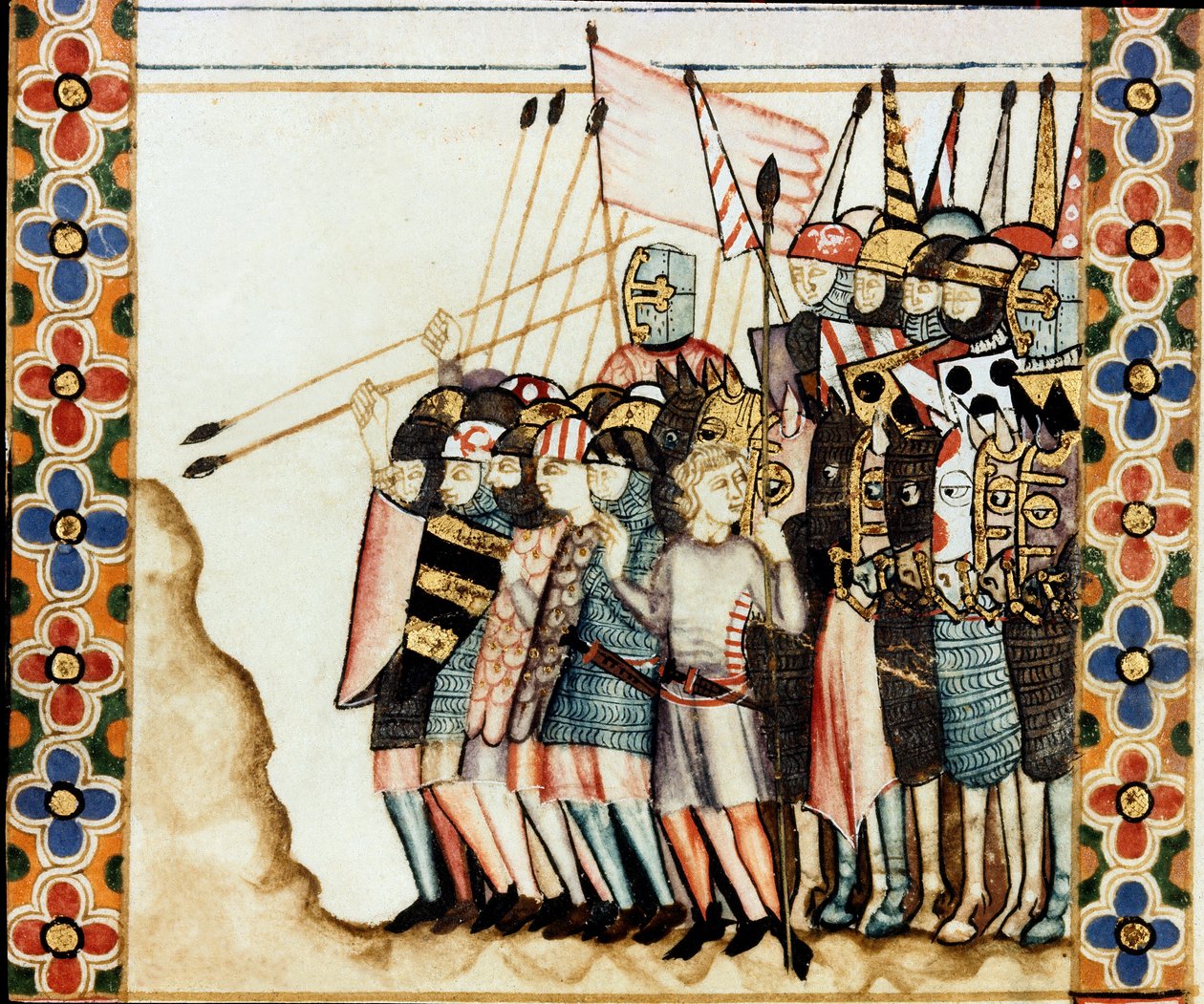 Leger van de kruisvaarders (detail) van een pagina uit een manuscript van het Lied van Sint-Maria (Cantigas de Santa Maria), miniaturen gewijd aan Sint-Maria en haar wonderen, een verzameling liederen samengesteld onder het bewind van Alfonso X de Wijze (1 door Spanish School