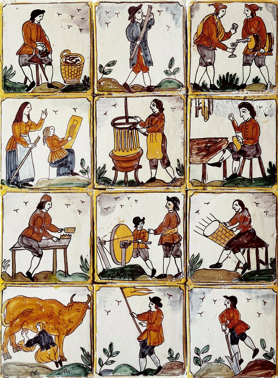 Ambachtelijke beroepen: schoenmaker, kuiper, mandenmaker, wijnmaker, tekenles, muzikant, koe melken, slijper, boer, ebenist. Catalaanse keramische tegels (Spanje) door Spanish School