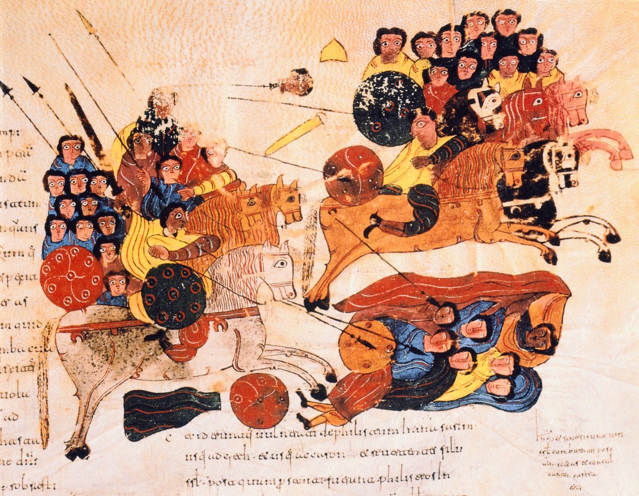 Slag tussen de Hebreeën en de Filistijnen, uit de Visigotisch-Mozarabische Bijbel van St. Isidores, fol.119r., 960 n.Chr. (tempera op perkament) door Spanish School