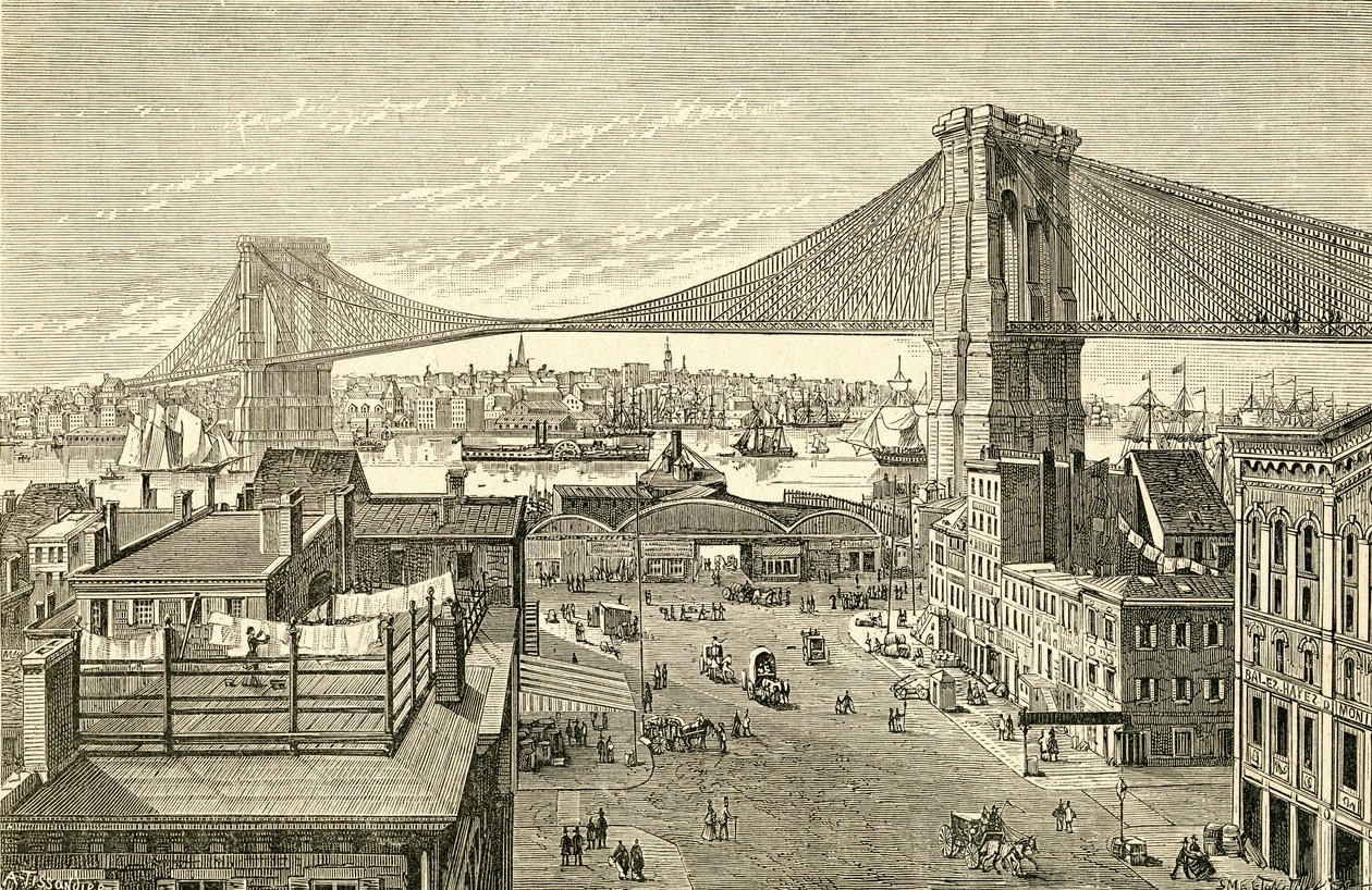 Brooklyn Bridge, New York, Verenigde Staten in de 19e eeuw. Uit El Museo Popular gepubliceerd in Madrid door Spanish School