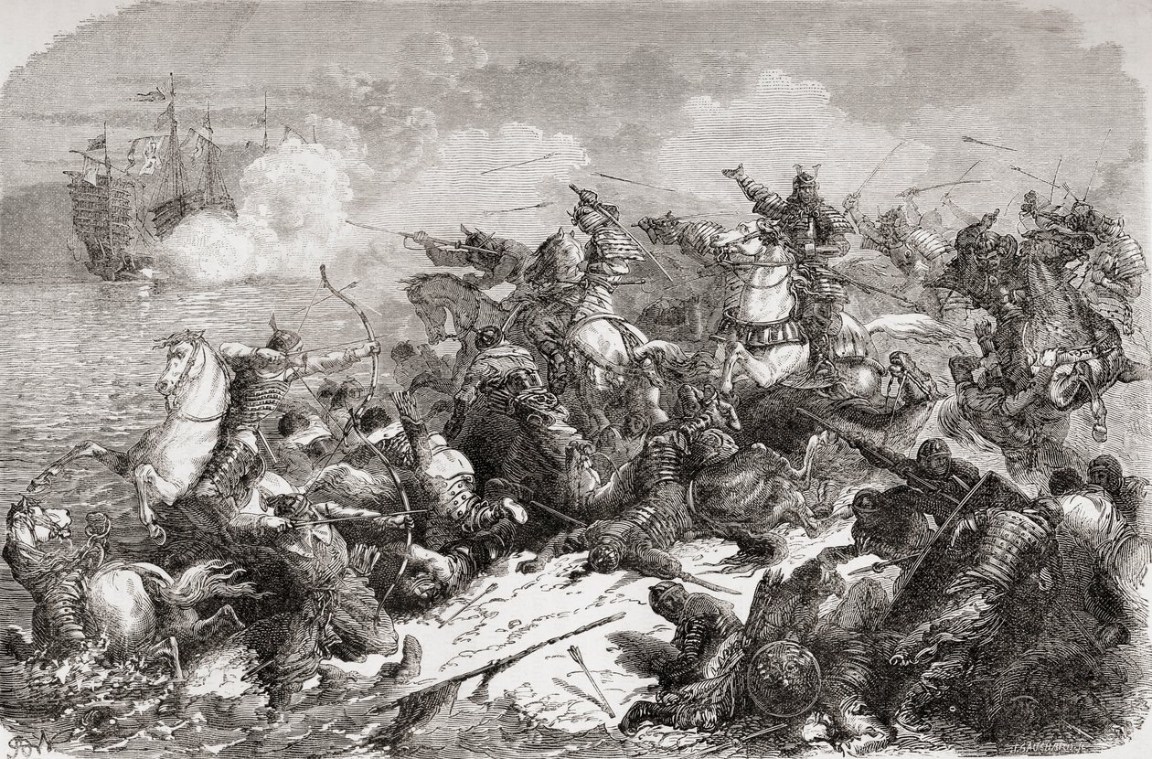 Chinese poging tot invasie van Japan in de 13e eeuw, publ. 1878 door Spanish School