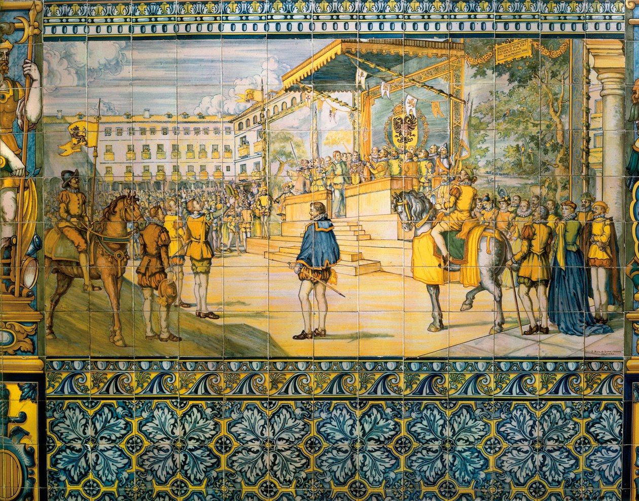 Vieringen in Valladolid ter ere van Filips II van Spanje in mei 1559. Azulejos van de Talavera-school in het paleis van de familie Pimentel, Valladolid door Spanish School