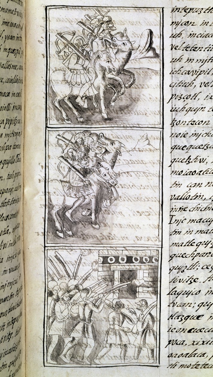Codex van de verovering van Mexico: de Spanjaarden klaar om de stad Tenochtitlan aan te vallen. Miniatuur van het Florentijnse manuscript 