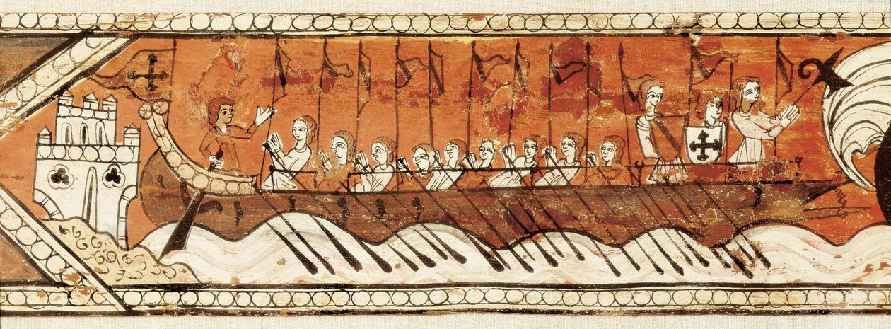 Cassetteplafondpaneel met ridders, galeien en een boot met hoge verschansing (detail) door Spanish School