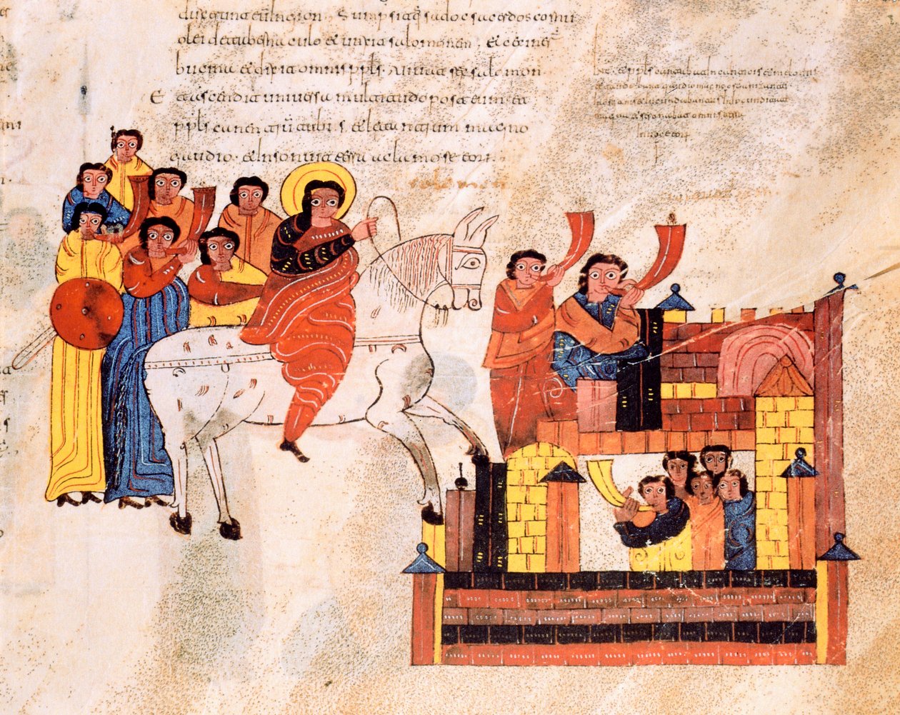 Intocht van koning David in Jeruzalem op het geluid van trompetten, uit de Visigotisch-Mozarabische Bijbel van St. Isidores, fol.135r., 960 n.Chr. door Spanish School