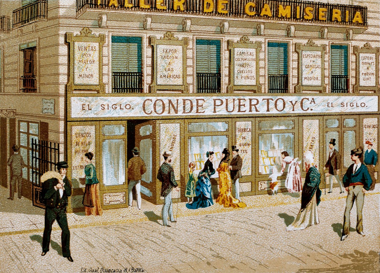 Mode: reclameposter voor de stoffenwinkel "Conde Puerto" boetiek Barcelona door Spanish School