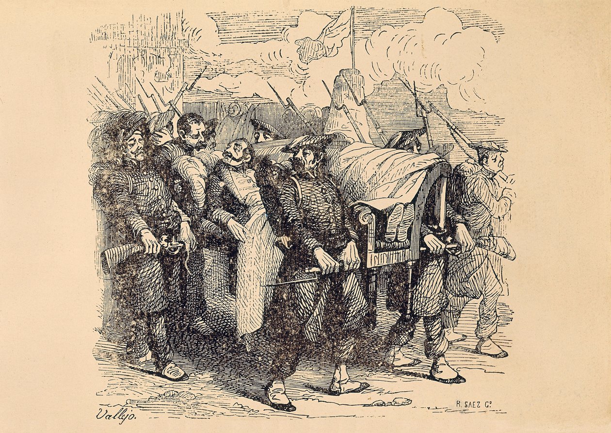 Eerste Carlistenoorlog (1833-1840): Carlistische generaal Tomas Zumalacarregui (1788-1835) gewond tijdens het Beleg van Bilbao door Spanish School