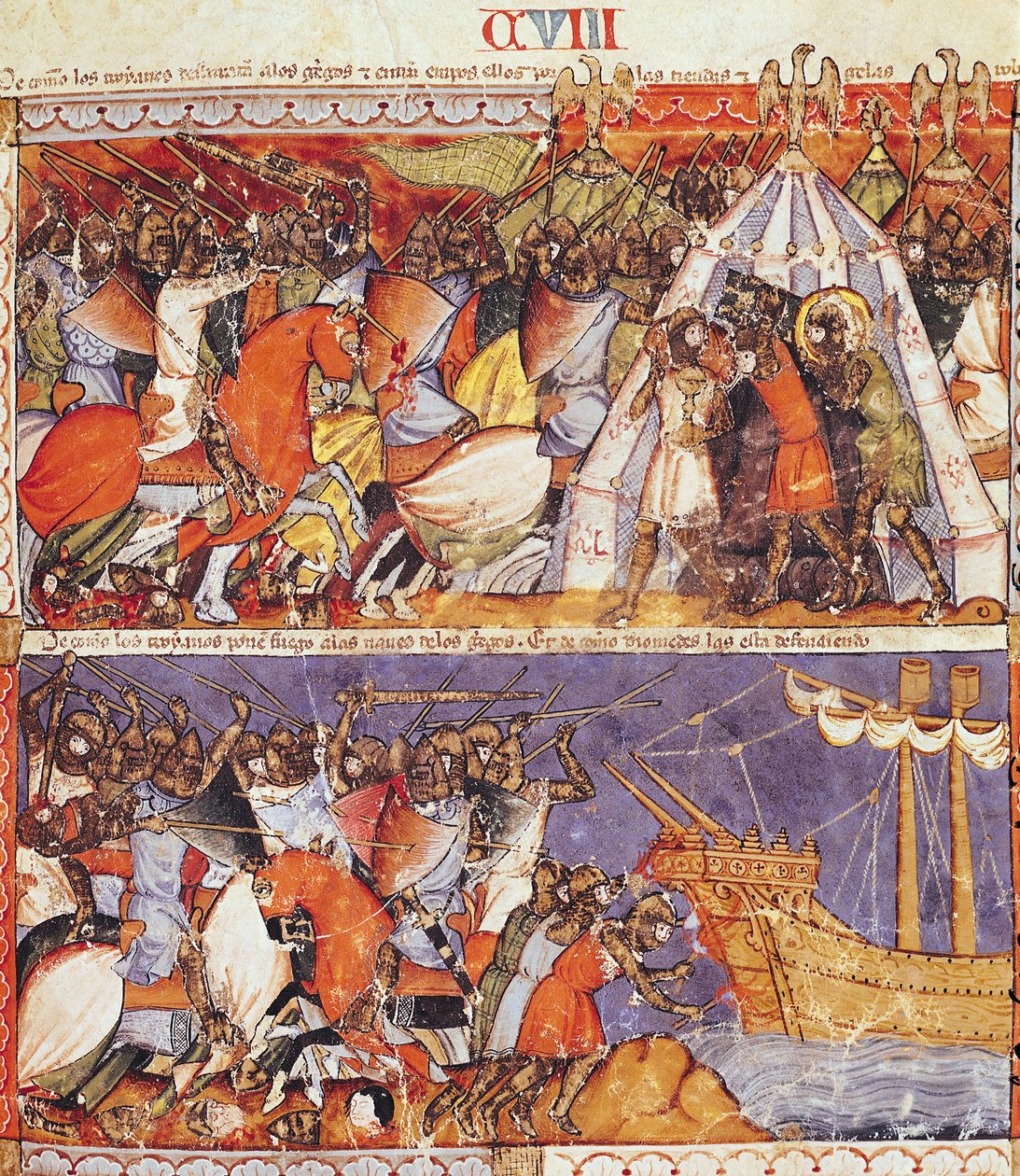 Fol.108r De Trojanen vallen het Griekse Kamp binnen en steken de Griekse Schepen in brand, uit de Codex Benito de Santa Mora door Spanish School