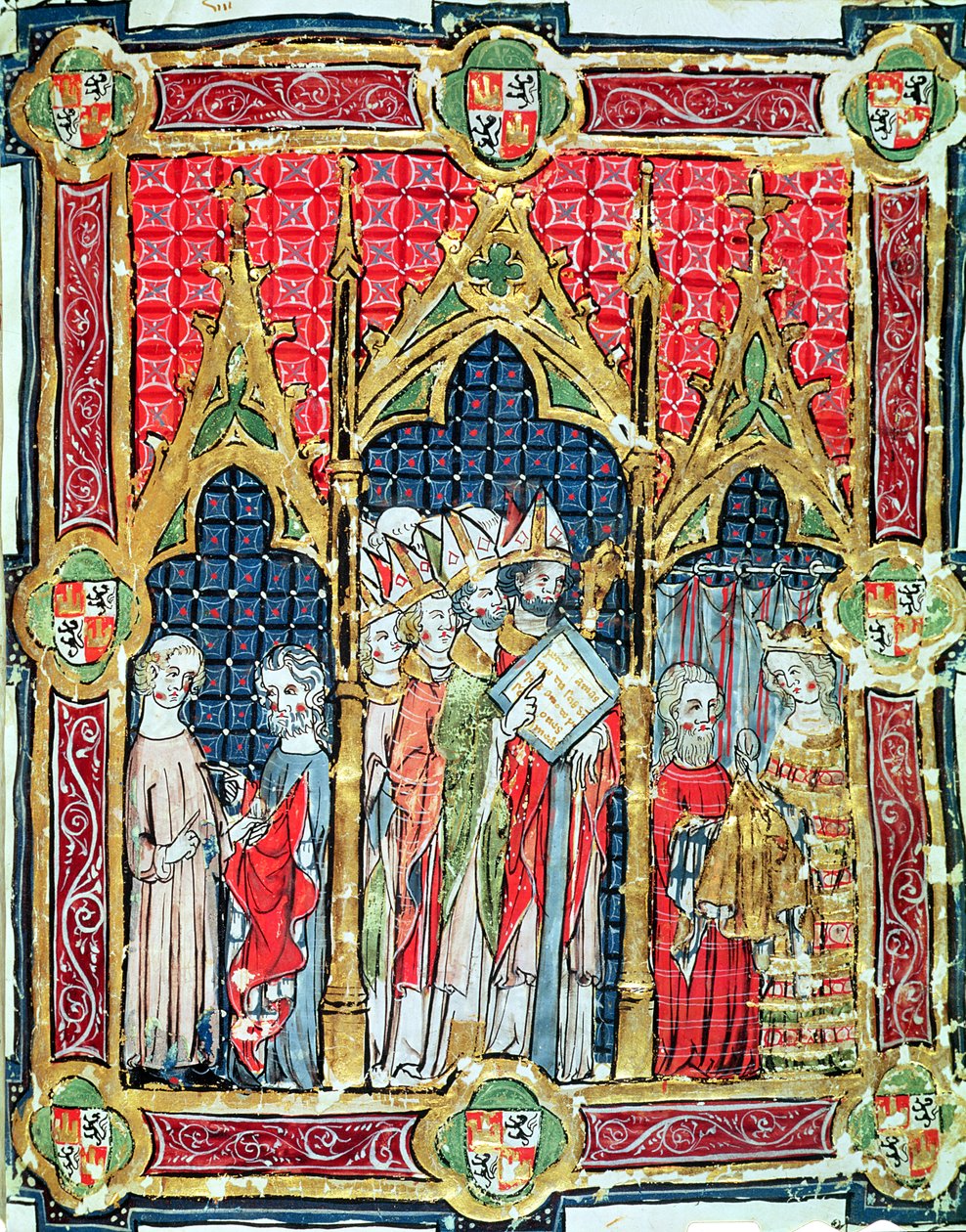 Kroning van de koningen van Aragon en Castilië: Alfonso VII biedt gouden brood aan in aanwezigheid van de aartsbisschop van Toledo, uit het Libro de los Testamentos door Spanish School