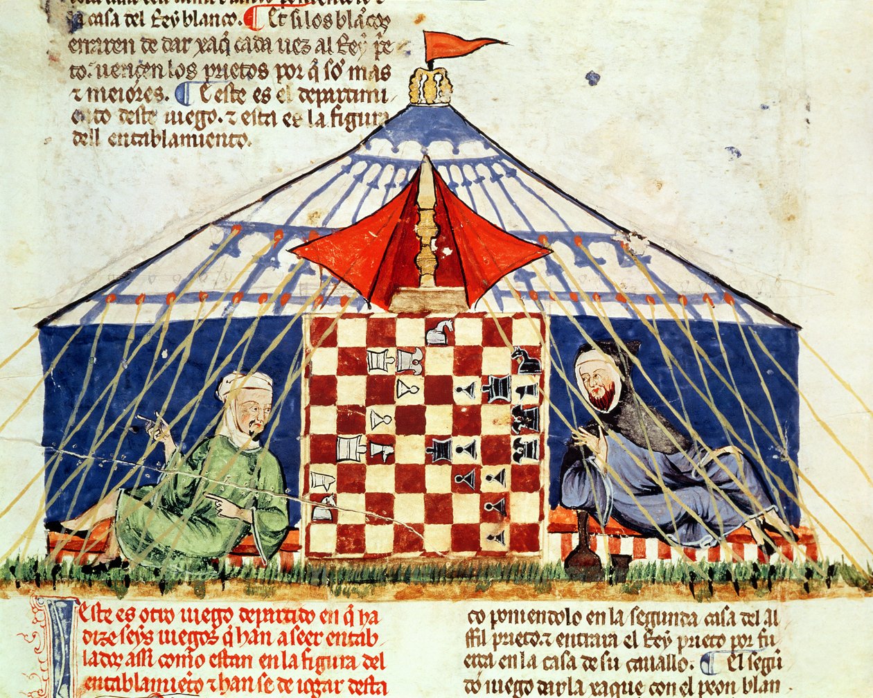 Fol.62v Twee Arabieren die schaken in een tent, uit het Boek der Spelen, Schaken, Dobbelstenen en Borden, 1282 door Spanish School
