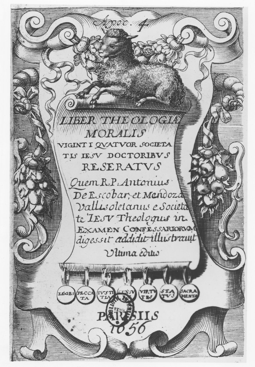 Frontispice voor Liber Theologiae Moralis, door Antonio Escobar y Mendoza, 1656 door Spanish School