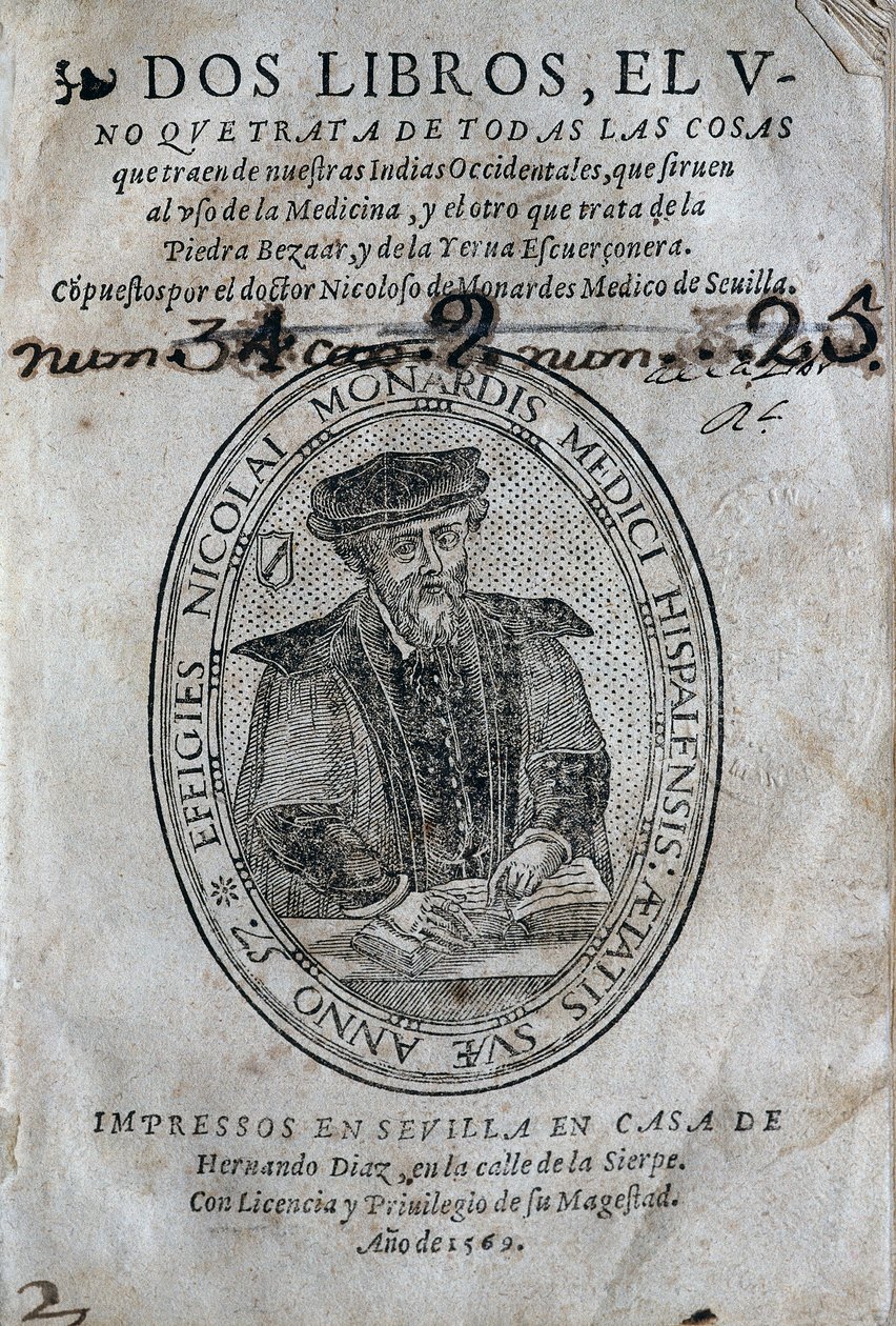 Frontispice, met het portret van Nicolas Monardes (1493-1588) van een geneeskundig boek van de eilanden van het Spaanse Caribisch gebied en het gebruik van de bezoar (tegengif). Werk van Nicolas Monardes, editie 1569, door Hernando Diaz, in Sevilla. Univer door Spanish School