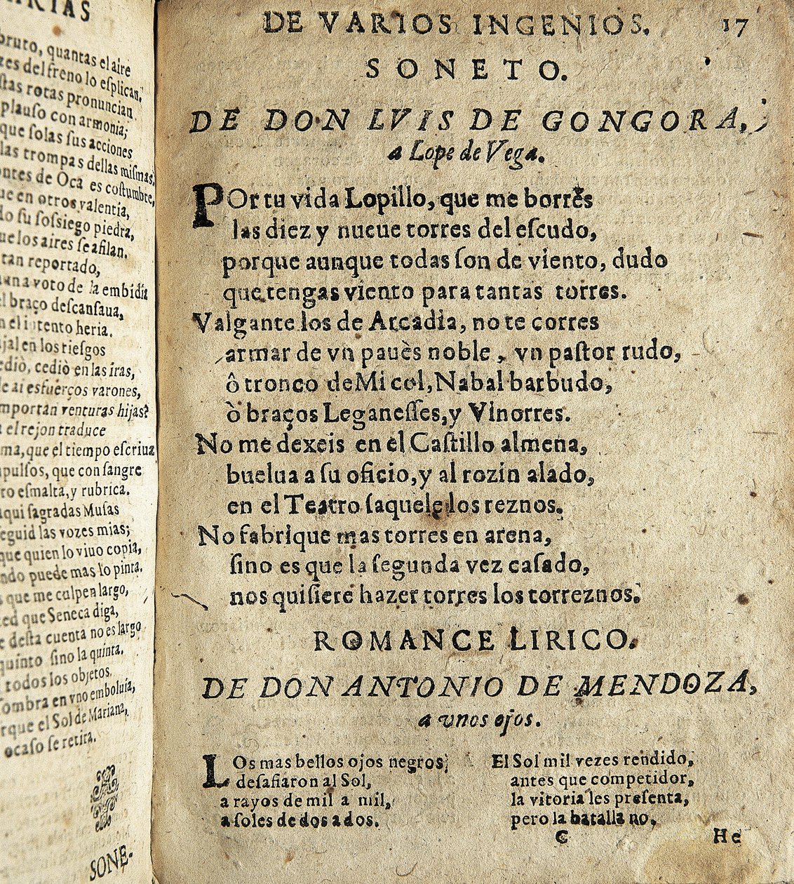 GOGOORA Y ARGOTE, Luis de (1561-1627). Spaanse dichter uit de Gouden Eeuw.; VEGA CARPIO, Felix Lope de (1562-1635). Soneto a Lope de Vega, gedicht opgenomen in Poesias varias de grandes ingenios espanoles, compilatie gemaakt door Ios door Spanish School
