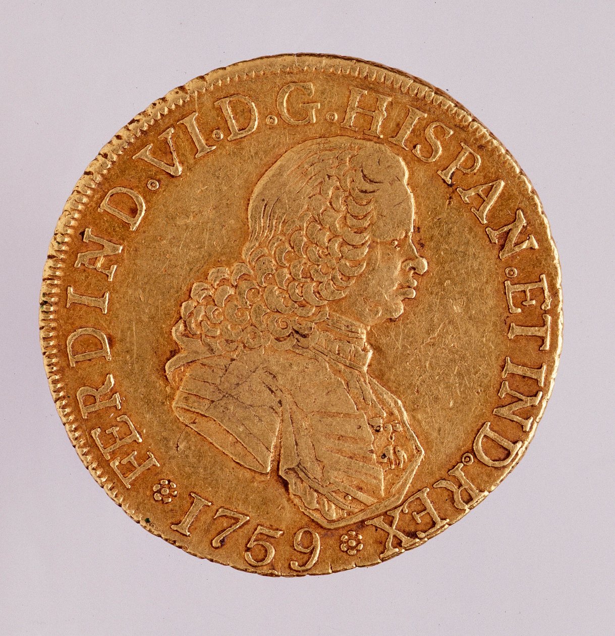 Gouden munt (8 ecu) uit Spanje: regeerperiode van Ferdinand VI (1746-1759). 1759 door Spanish School