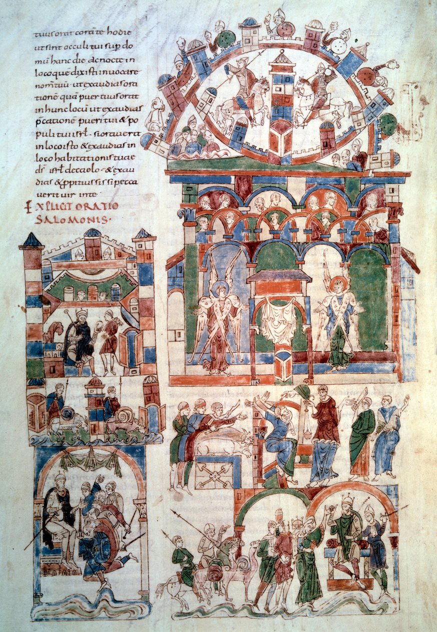 Geschiedenis van Salomo: Koning Salomo ontvangt het eerbetoon. Pagina (fol. 129 v;) uit De Bijbel van Roda (man. lat. 6) gemaakt in Spanje in de 11e eeuw. Parijs, B.N. door Spanish School