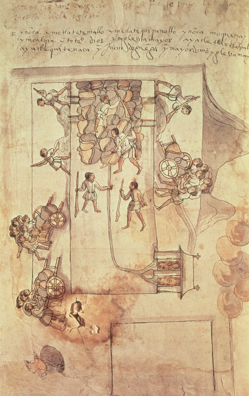 Indiaanse slaven leggen de funderingen voor de kathedraal in Mexico-stad, ca. 1522 door Spanish School