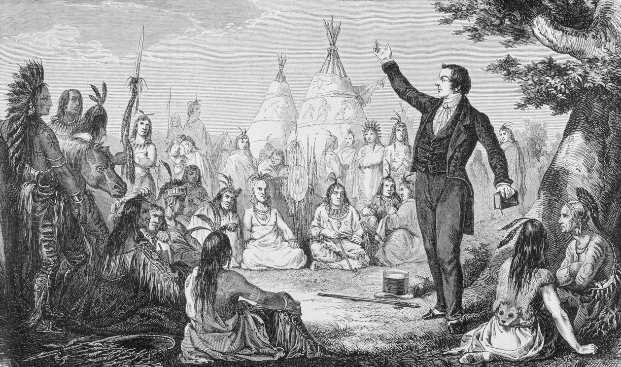 Joseph Smith, oprichter van de Mormoonse Kerk, predikend tot indianen, uit 