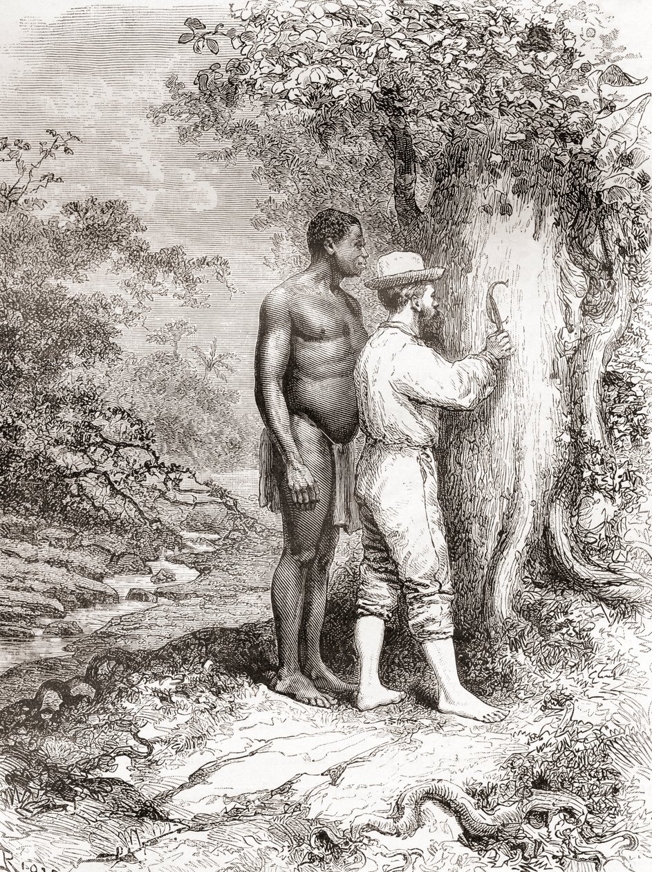Jules Crevaux, tijdens zijn verkenning van Frans-Guyana in 1878, zijn initialen kerend in een boom aan de oevers van de Oyapock of Oiapoque rivier door Spanish School