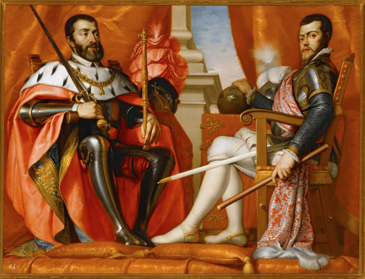 Karl V met zijn zoon Philipp II ... (schilderij op doek) door Spanish School