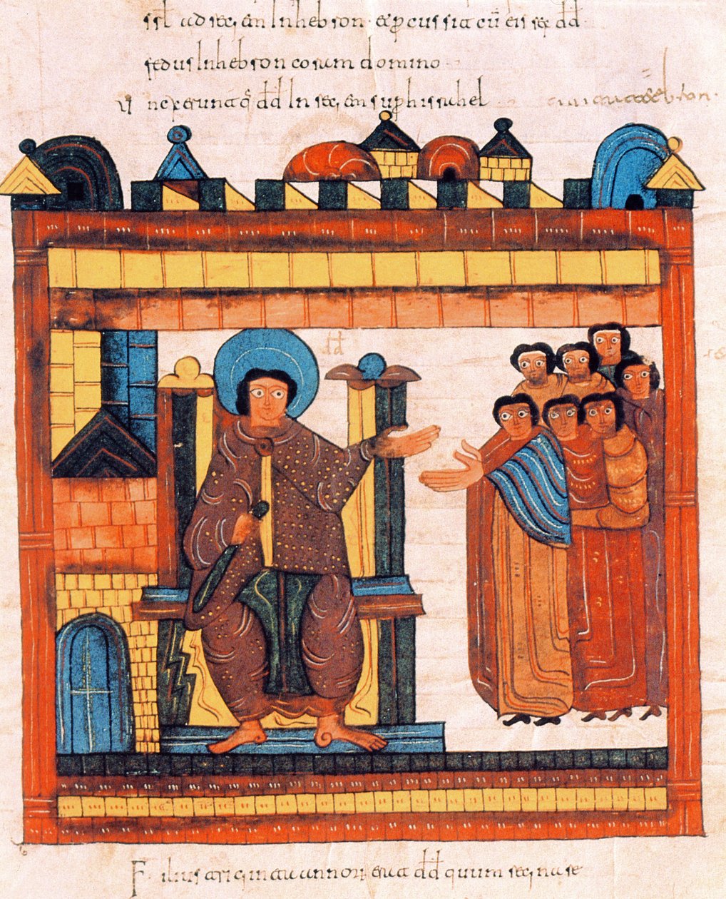 Koning David zittend op zijn troon en omringd door zijn hofhouding, uit de Visigotisch-Mozarabische Bijbel van St. Isidores, fol.126r., 960 n.Chr. (tempera op perkament) door Spanish School