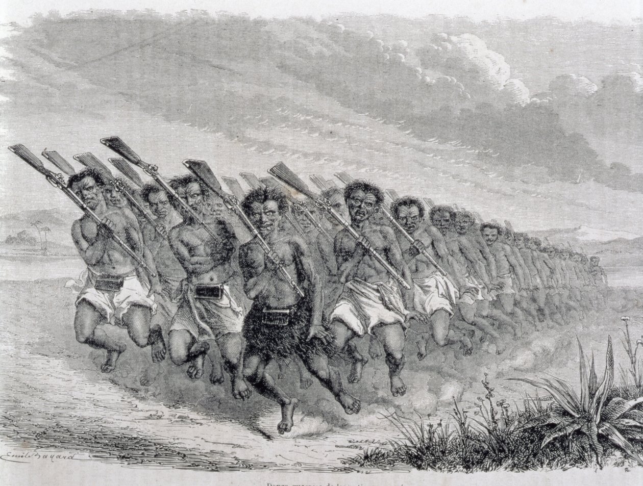 Maori-krijgers voeren een oorlogsdans uit, illustratie uit 