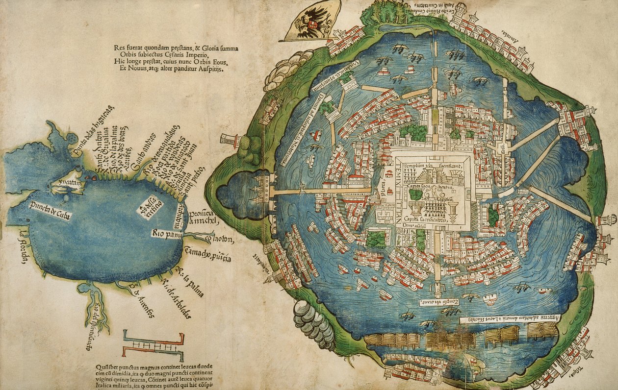 Kaart van Tenochtitlan en de Golf van Mexico, uit Praeclara Ferdinadi Cortesii de Nova maris Oceani Hyspania Narratio door Hernando Cortes, 1524 door Spanish School
