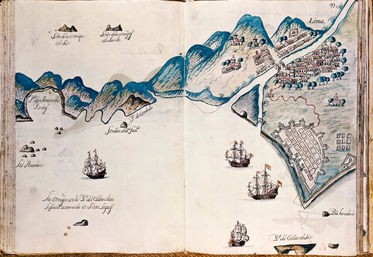 Kaart van een deel van Nieuw-Spanje, de kust van Peru en de stad Lima, uit "Mapas de las costas de América en el mar del Sur, desde la última población de españoles en ellas, que es la ciudad de Compostela, en adelante" door Spanish School