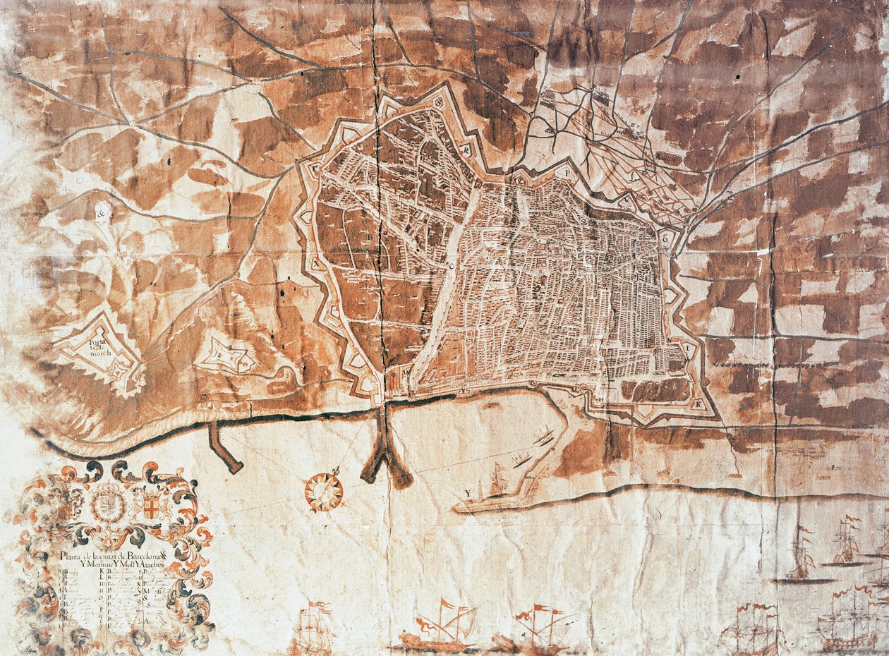 Kaart van de stad Barcelona, 1697 door Spanish School