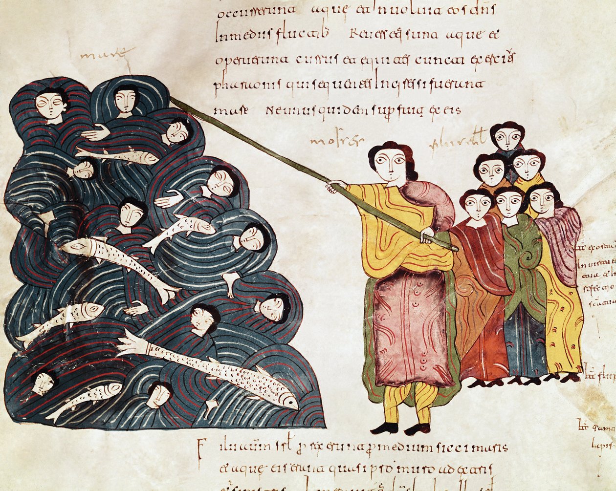 Mozes, na het oversteken van de Rode Zee met het volk van Israël, zag de Egyptenaren verdrinken. Miniatuur uit een Mozarabische Bijbel. 10e eeuw. Leon. Bibliotheek van de Koninklijke Collegiale van Sint Isidorus. door Spanish School
