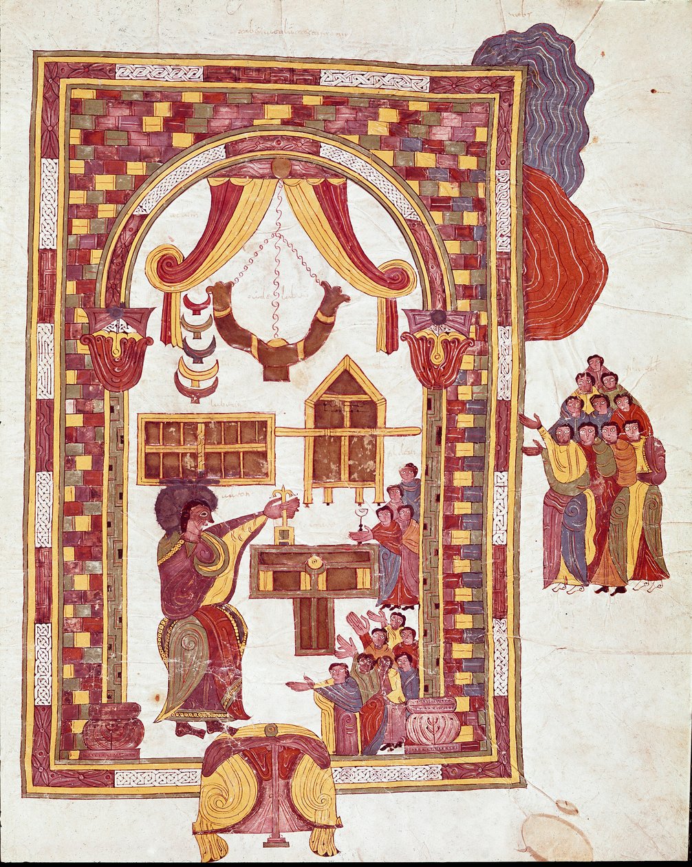 Mozarabische kunst: de tempel van Jeruzalem, Aaron wordt afgebeeld als hogepriester voor een altaar. Miniatuur uit een Mozarabische Bijbel. 10e eeuw. Leon. Bibliotheek van de Koninklijke Collegiale van Sint Isidorus. Spanje door Spanish School