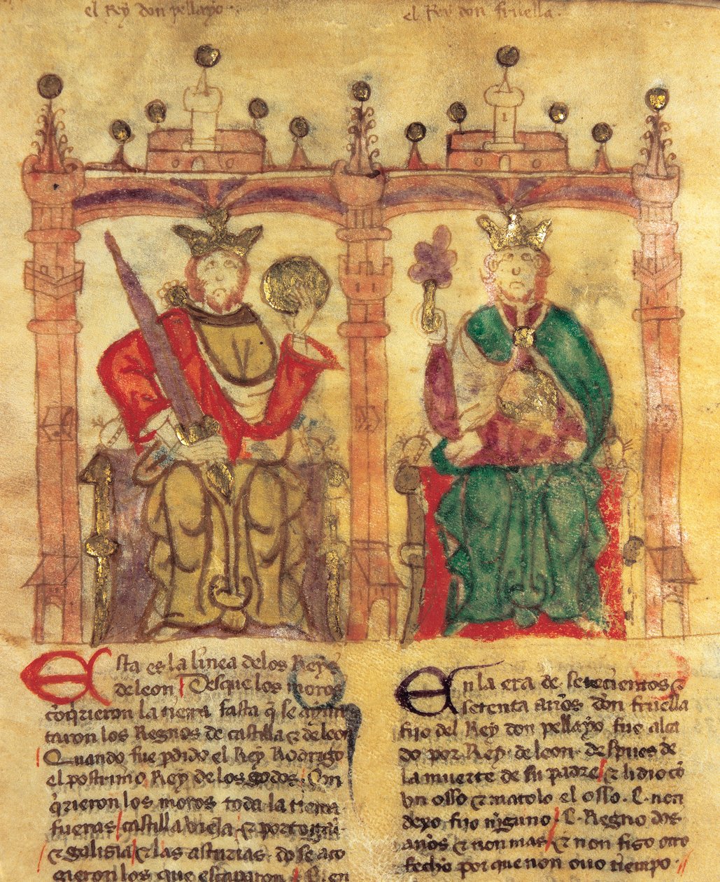 Pelagius (685-737), stichter van het Koninkrijk Asturië en zijn kleinzoon Fruela I (722-68) (pigment op perkament) door Spanish School