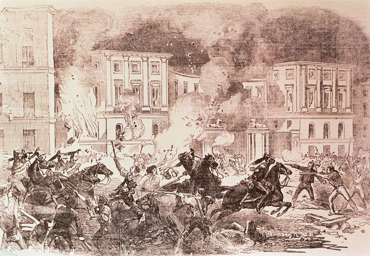 Populistische Opstanden in Madrid, De Rellen Proberen het Paleis van Koningin Maria Christina in Brand te Steken in 1854 door Spanish School