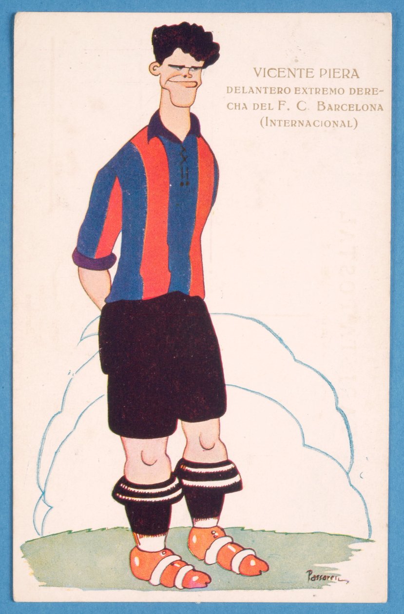 Prentbriefkaart met een karikatuur van de Spaanse voetballer Vicente Piera van Barcelona door Spanish School