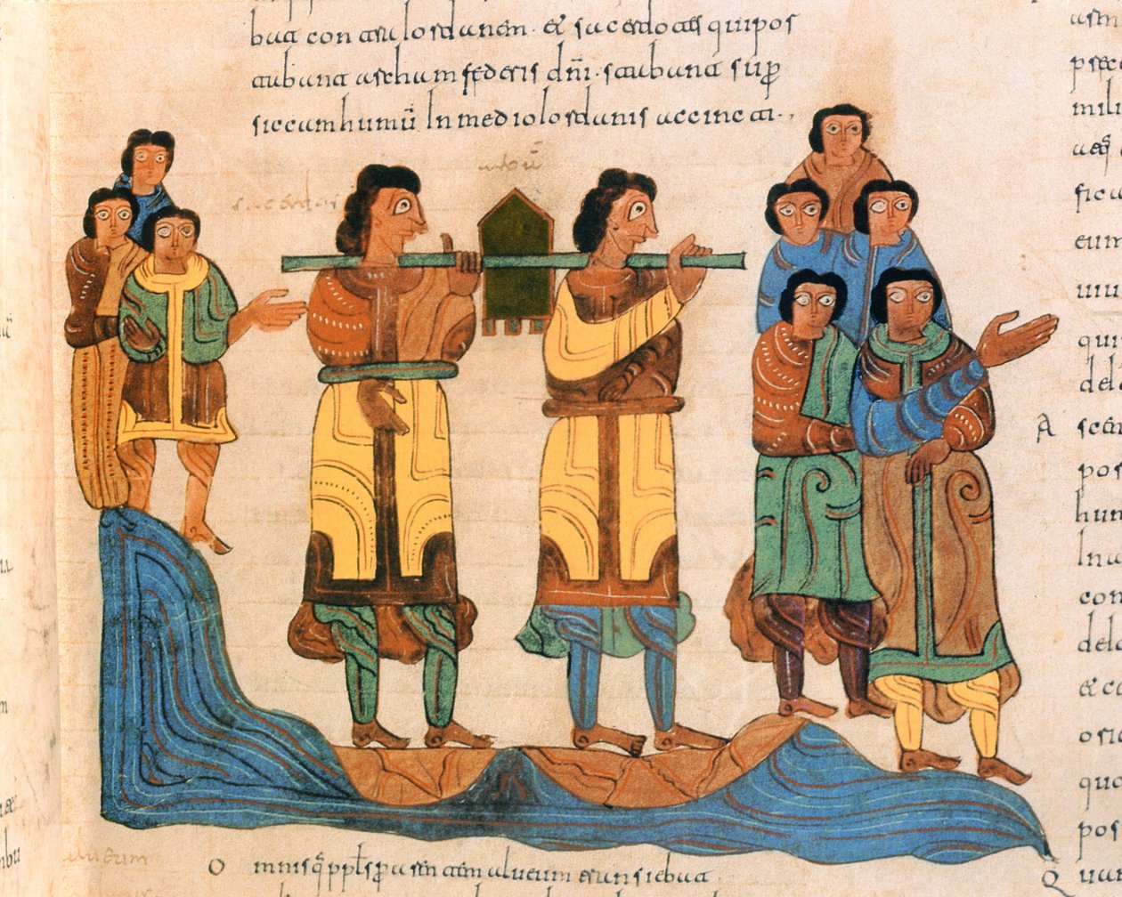 Priesters dragen de Ark van het Verbond over de rivier de Jordaan, Exodus 16:6, uit de Visigotisch-Mozarabische Bijbel van St. Isidores, fol.90r., 960 n.Chr. (tempera op perkament) door Spanish School