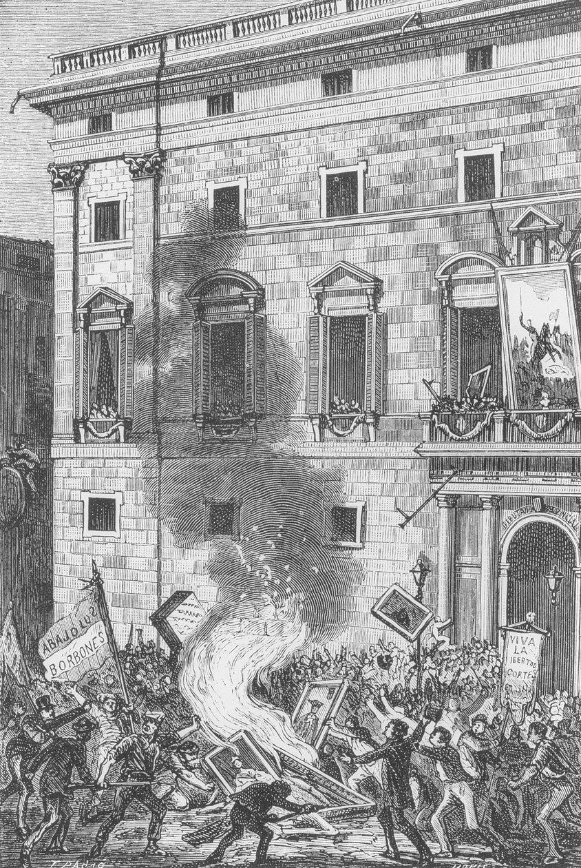 Pueblo de Barcelona verbrandt portretten van de Bourbons, 1868 door Spanish School