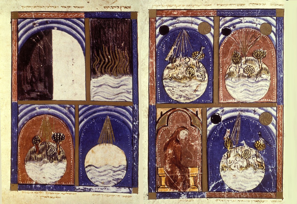 Reproductie van De Schepping, uit de Sarajevo Haggadah door Spanish School