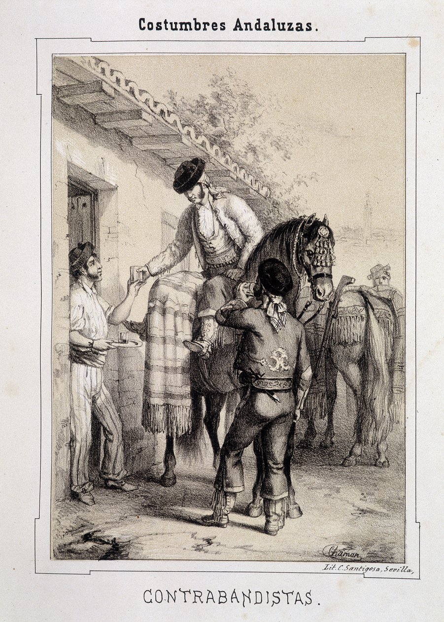 Smokkelaars, "Andalusische Kostuums" door D Antonio Chaman door Spanish School