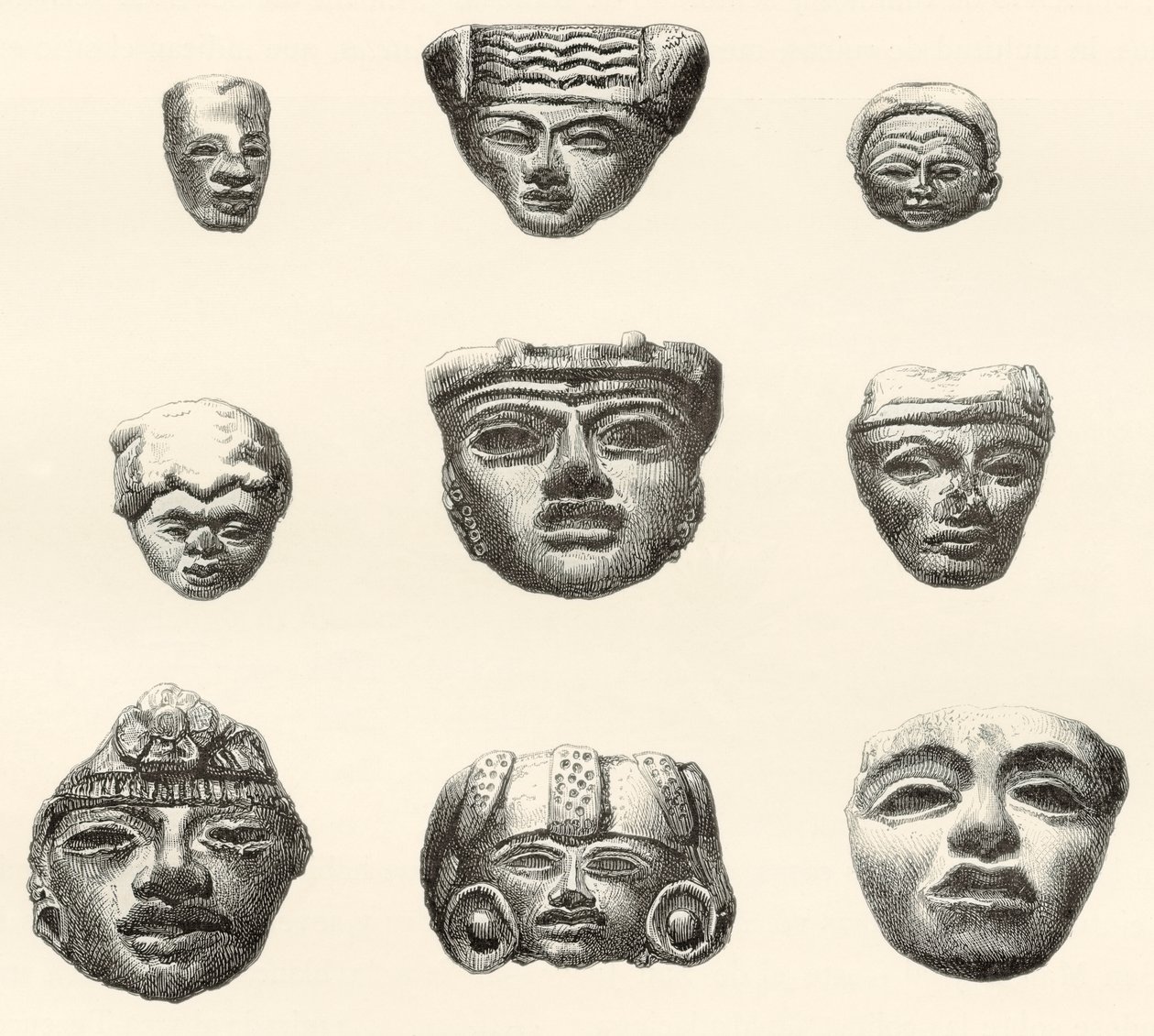 Stenen hoofden en maskers gevonden in Teotihuacan, Mexico door Desiré Charnay tijdens zijn expeditie in 1880-1883 door Spanish School