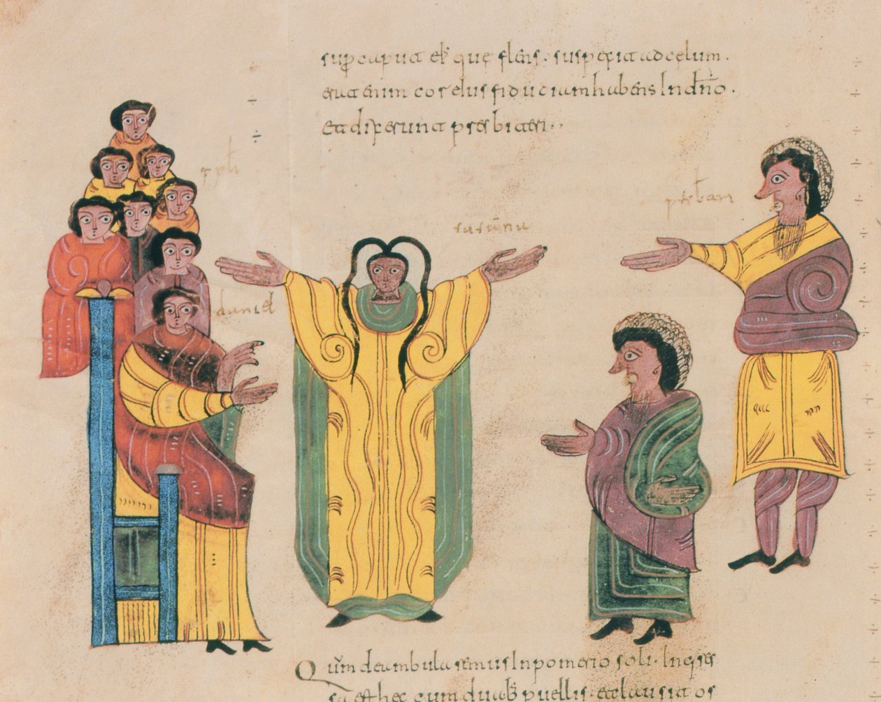 Susanna en de Oudsten, uit de Visigotisch-Mozarabische Bijbel van St. Isidores, fol.324v., 960 n.Chr. (tempera op perkament) door Spanish School