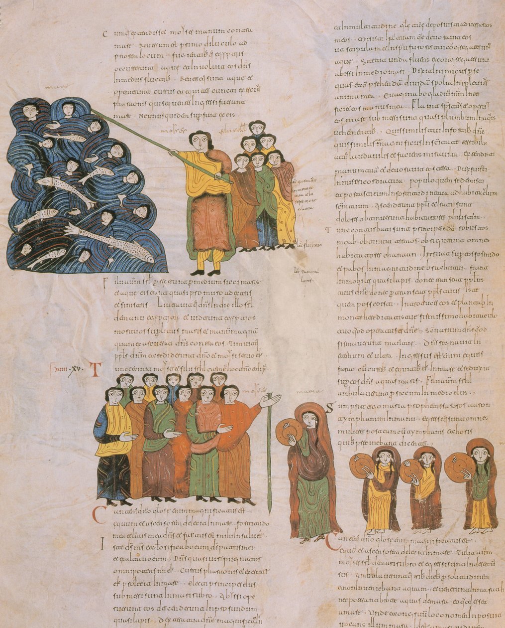 De Oversteek van de Rode Zee en de Dans van de Hebreeuwse vrouwen op het geluid van de tamboerijnen van Mozes en zijn begeleiders, uit de Visigotisch-Mozarabische Bijbel van St. Isidores, fol.39., 960 n.Chr. (tempera op perkament) door Spanish School