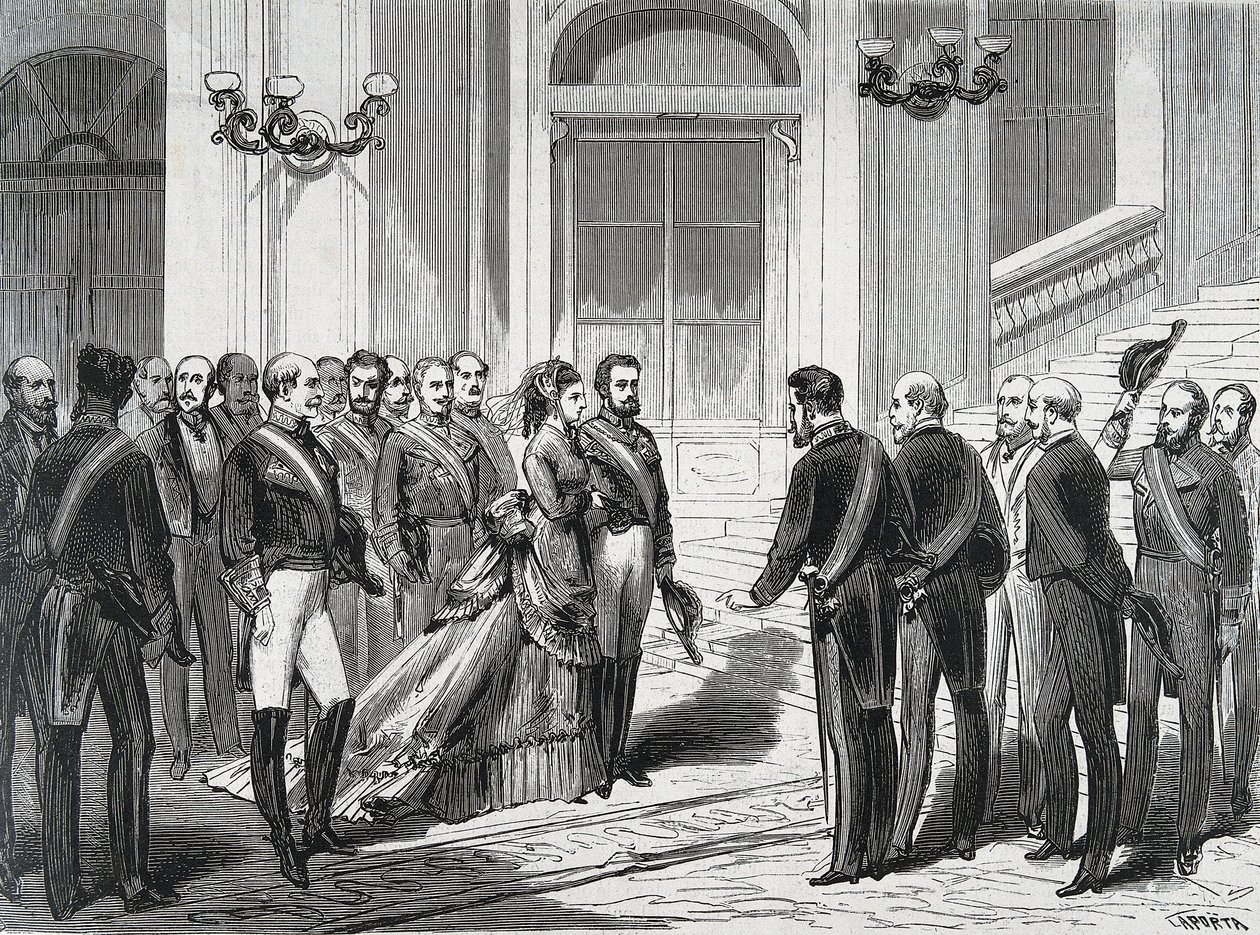 De Koning van Spanje Amedee I (Amedeo Ferdinando Maria di Savoia) (1845-1890) en zijn vrouw Koningin Maria Victoria dal Pozzo della Cisterna (1847-1876) bij hun aankomst in het Koninklijk Paleis in Madrid op 19/03/1871. Gravure uit "La Ilustracion Espanola door Spanish School