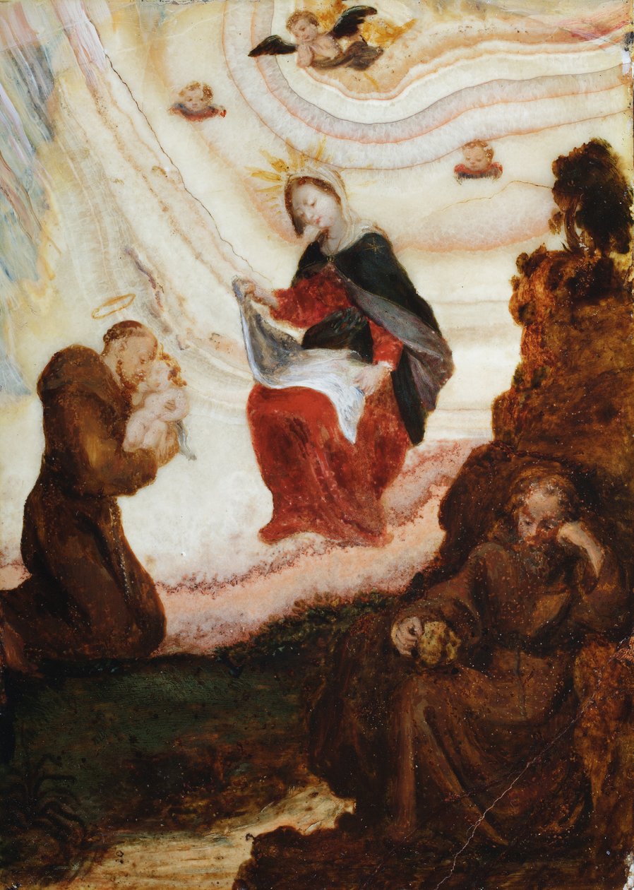 De Madonna en het kind die aan Franciscus verschijnen (olieverf) door Spanish School